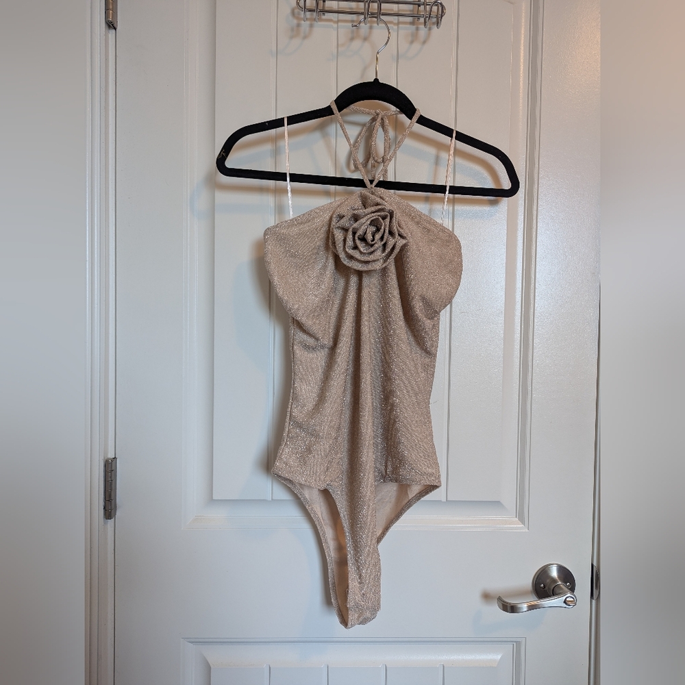 Elegant Beige Halter Bodysuit with Rose Accent